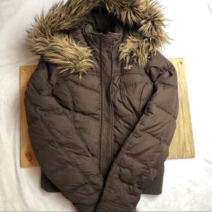 Hollister Bomber Coat Brown Hood Medium Cozy Warm